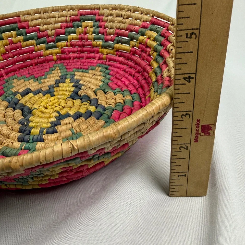 Hand Woven Coiled Straw Basket Bowl Pink Yellow Geometric Boho Decor 10 Inch